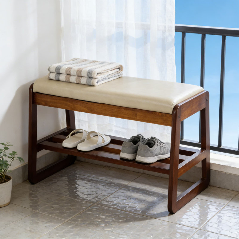 Solid Wood Entryway Bench With Cushion And 2-Tier Shoe Storage, Sturdy Shoe Organizer For Hallway, Living Room, And Foyer