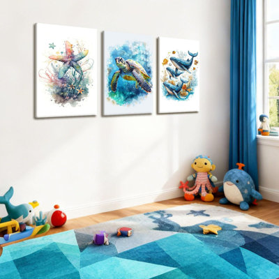 3 pièces, animaux de mer, toile, art mural, plage, salle de bain, affiches, aquarelle, tortue de mer, baleine, étoile de mer, images, vie marine, œuvres d'art, salon, chambre d'enfant, décoration murale, 16 x 24 po