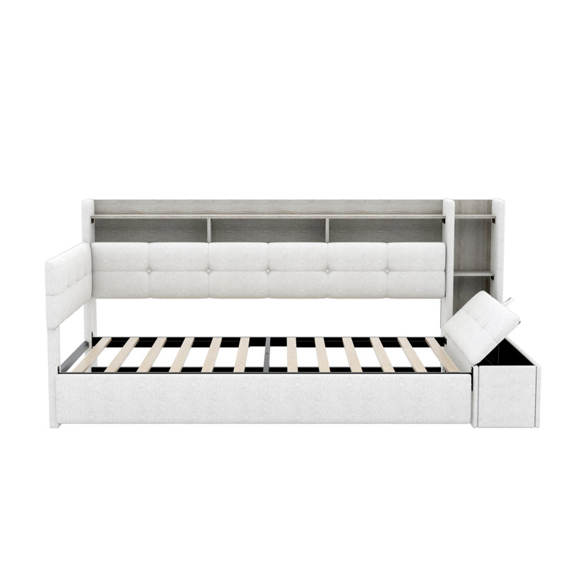 Twin Size Upholstered Daybed with Trundle, Storage Footstool, Shelves, USB Charging & LED Light, Beige, Beige, Twin