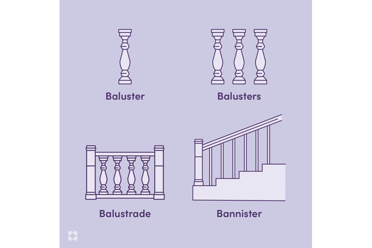 illustration of baluster compared to bannister and balustrade 
