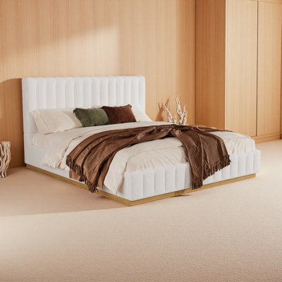 Bed Frame With Linen Upholstered Thick Headboard, Solid Wooden Base