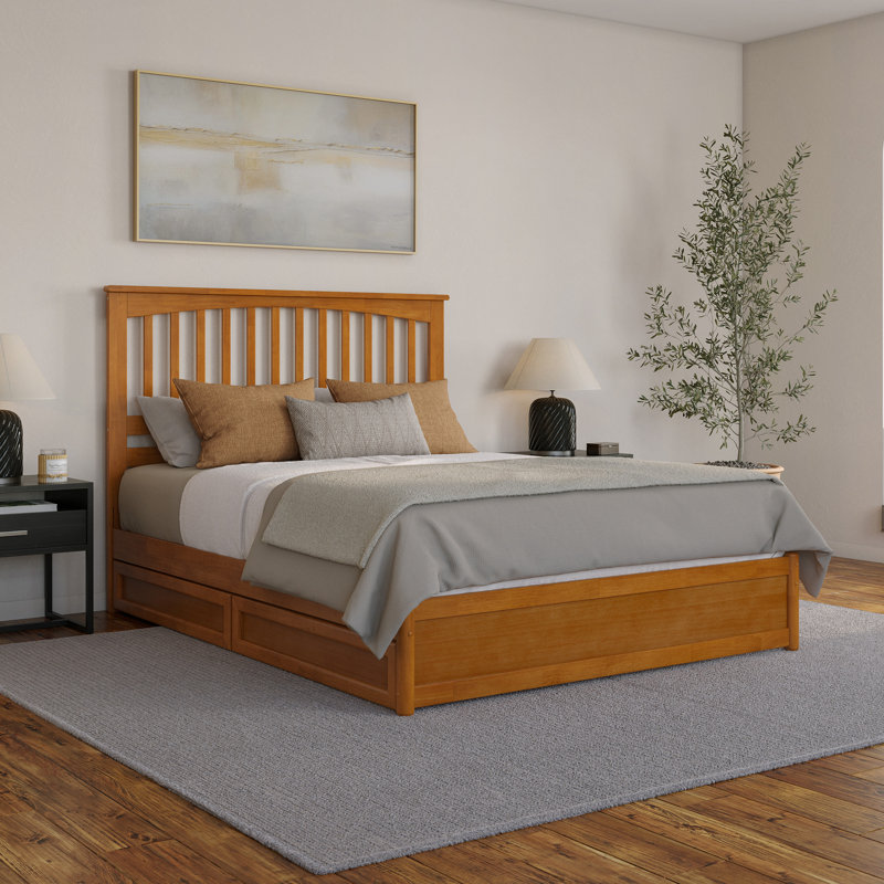 Asparas Solid Wood Storage Platform Bed with Footboard and Under Bed Drawers, Light Toffee, Queen