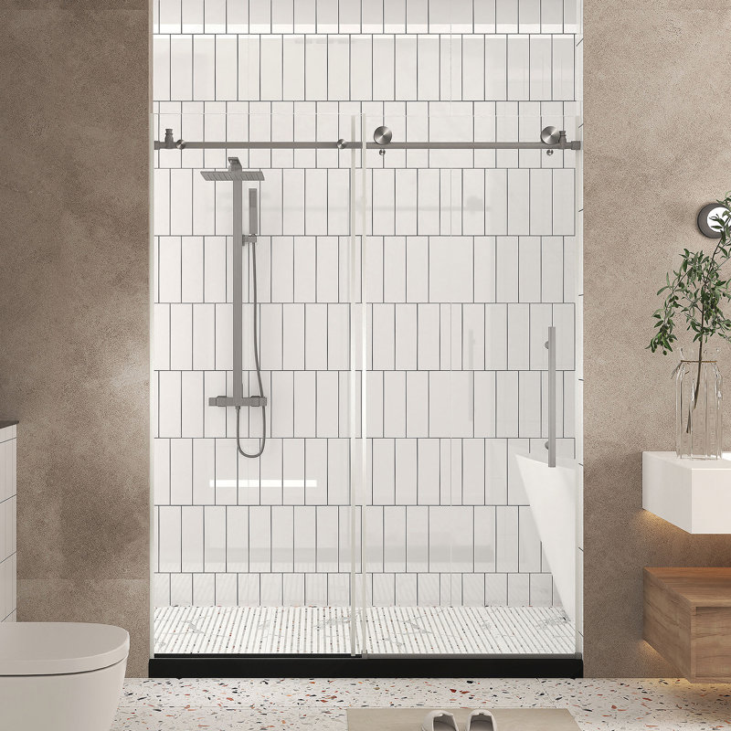 Frameless shower door 56-60 "W x 76" H, 1/4 "(6 mm) Clear Tempered Glass, Explosion Proof Film, Stainless Steel Handle,Brushed Nickel