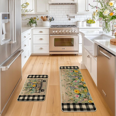 Tapis de cuisine - multicolore, camion et fleurs, tapis de printemps et d'été, ensemble de 2