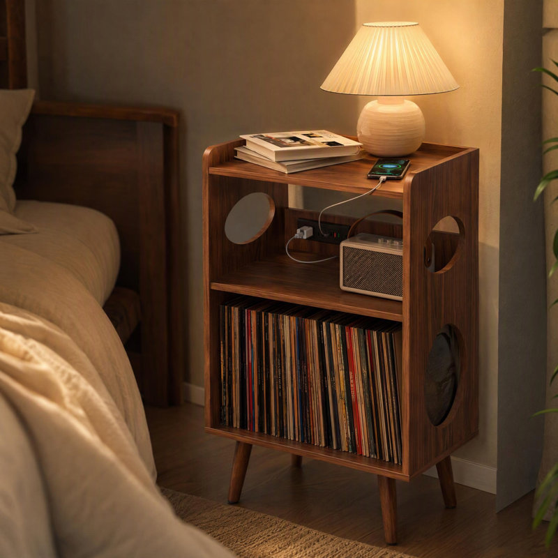 Meuble pour platine vinyle de style années 50 avec station de recharge, rangement pour disques 7 po, 10 po et 12 po, meuble télé pour salon.