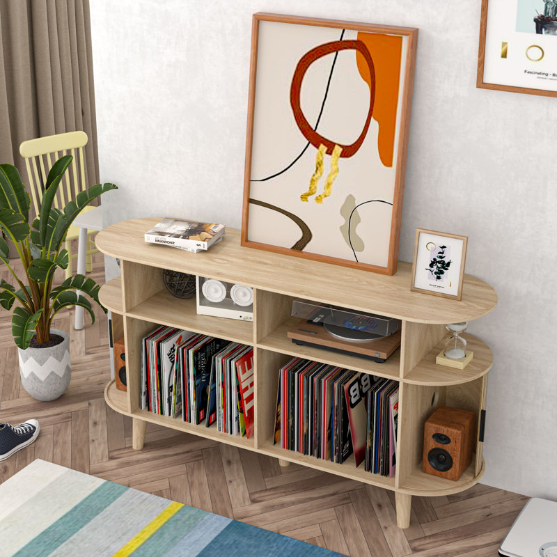 Ethelrene Large Record Player Stand, Mid-century Turntable Stand With Sliding Doors, Vinyl Display Stand For Bedroom Living Room