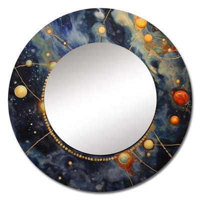 Blue Yellow Galactic Universe - Comets Wall Mirror, Blue Round Decorative Mirror, Printed Metal Art