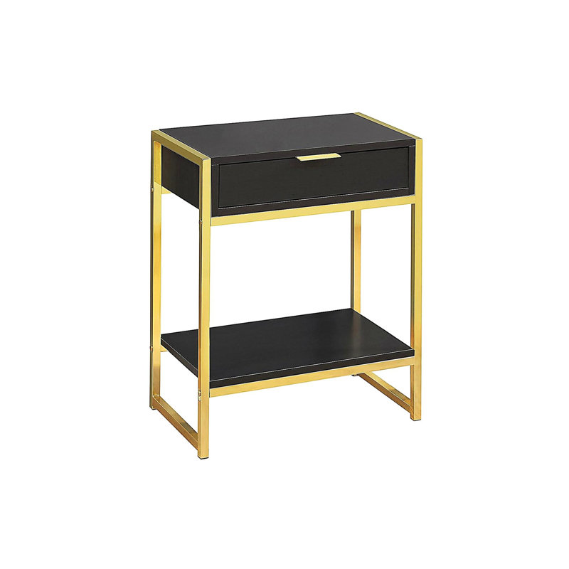 Table décorative, table d'appoint, table de chevet, éclairage, tiroirs de rangement, salon, chambre à coucher, aspect bois brun, métal doré, moderne, moderne