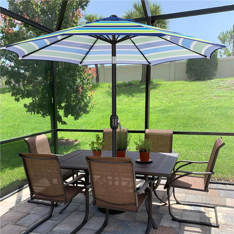 Parasol de marché d'extérieur avec manivelle 108 po Bruton, Bleu / rayures vertes