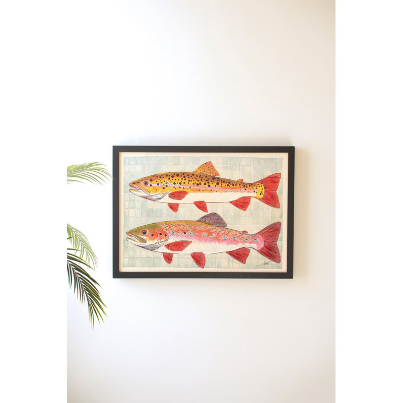  Wood Framed Canvas Painting Two Fish Decorative Wall Accent For Beach House Natural Finish