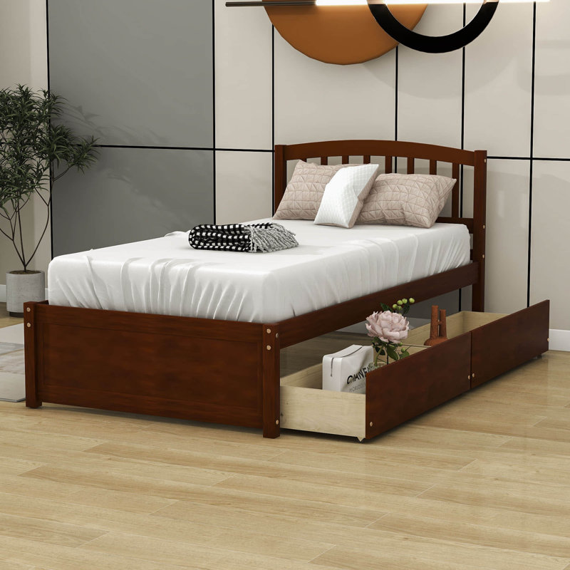 Lit plateforme simple avec tiroirs et rangement, Noyer