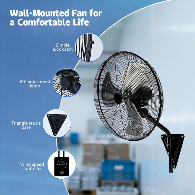 Ventilateur mural oscillant 20 "à 3 vitesses de 6 000 pi³ / min, Noir