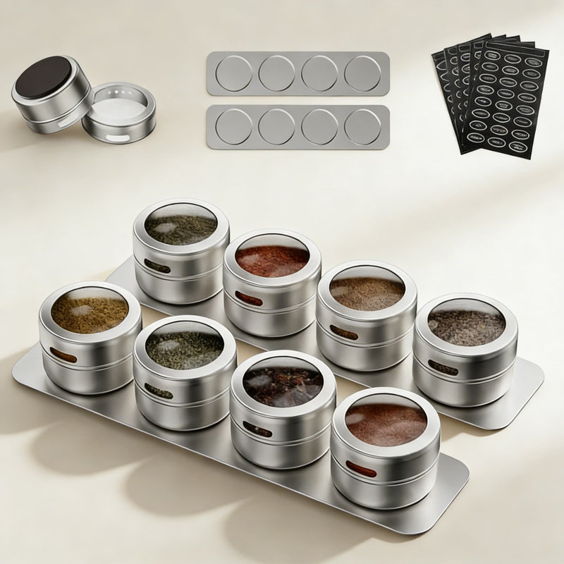 Ensemble de 8 boîtes à épices magnétiques avec supports muraux, 100 étiquettes pré-imprimées, couvercle transparent et deux types de distributeurs pour l'organisation de la cuisine