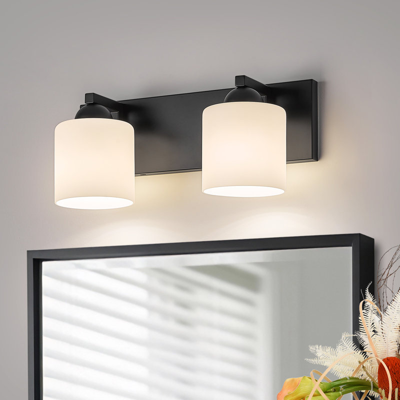 Luminaire de meuble-lavabo de salle de bain avec abat-jour en verre opale, Noir mat, 2