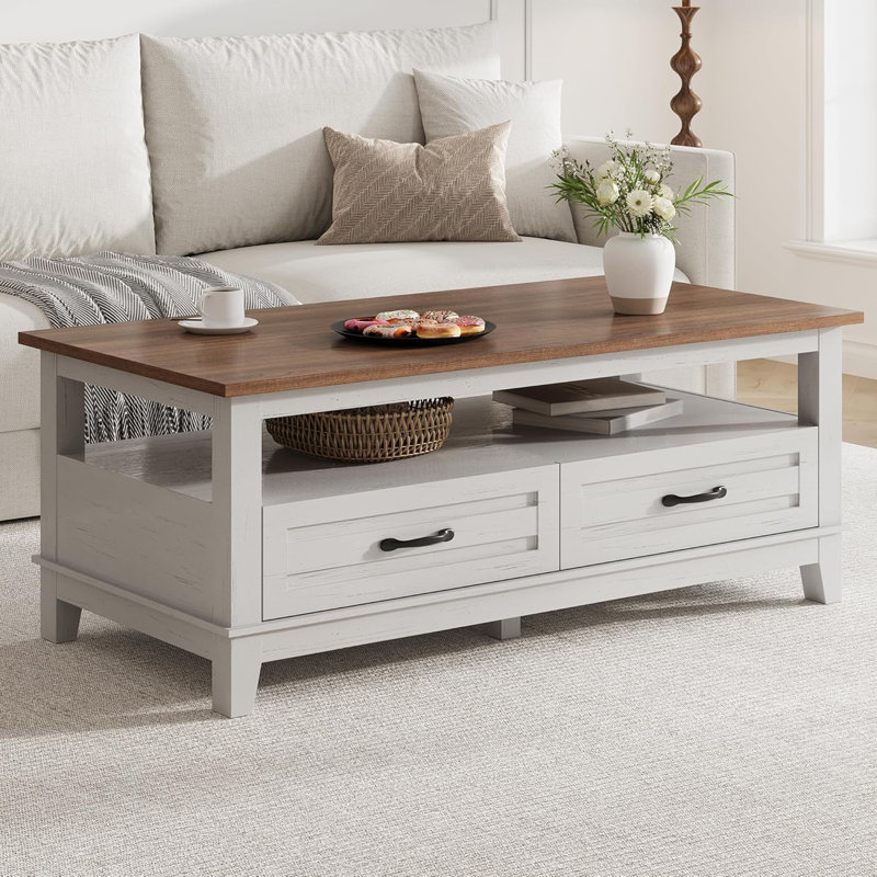 Table basse rustique 47,2 po avec 2 tiroirs et tablette ouverte, finition brun blanc, 6 pieds de support pour le rangement du salon