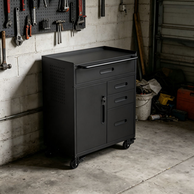 34.3 Inch Rolling Steel Tool Storage Cabinet, Garage Organizer With Lockable Cabinet Compartment And 4 Drawers, Mobile Tool Chest For Workshop & Home Garage