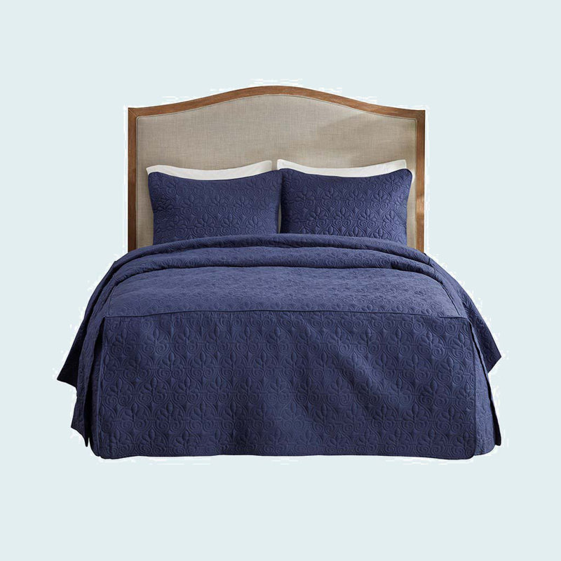 3 Piece Split Corner Pleated Quilted Bedspread, Queen Bedspread + 2 Standard Pillow Shams, Navy