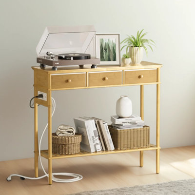 Entryway Console Table With Built-In Power Outlets 3 Fabric Drawers, Bamboo Sofa Table With Storage Shelves For Living Room, Hallway, Or Foyer