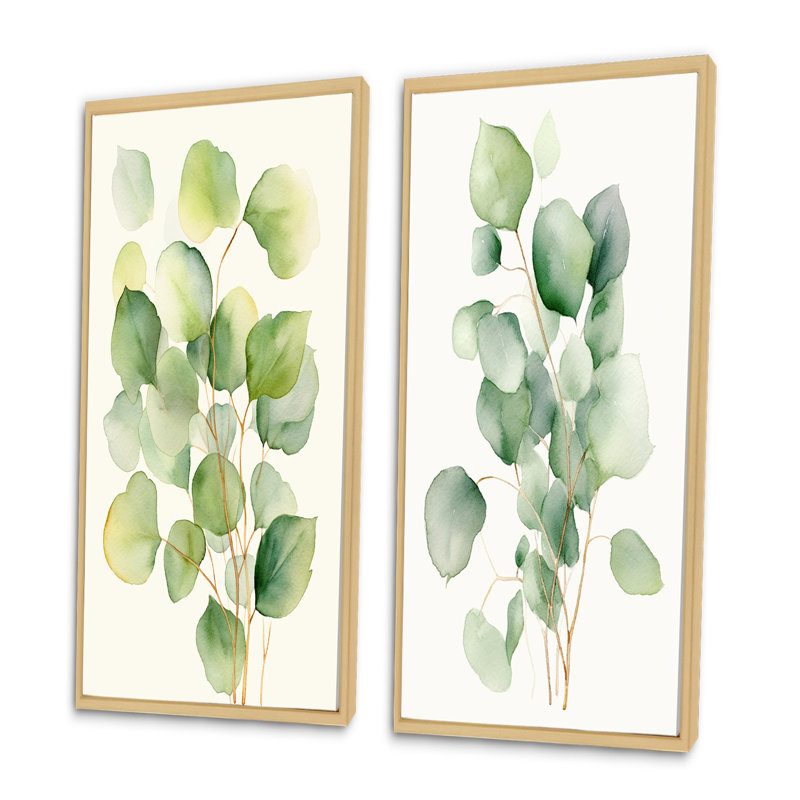 «White Green Minimalisme» Eucalyptus Essence VI - ensemble d'art mural floral de 2 pièces, Encadrement brun