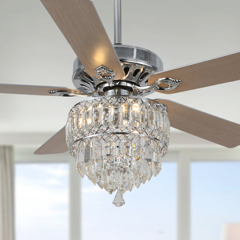 52 Inch Modern Crystal Ceiling Fan With Remote Control, 3 Speeds Reversible Ceiling Fan For Bedroom, Chrome