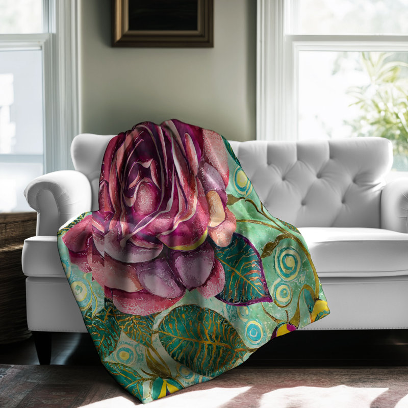 Motif Groovy - 1 pièce Sherpa Premium, Grand lit, Rose foncé / vert / jaune floral