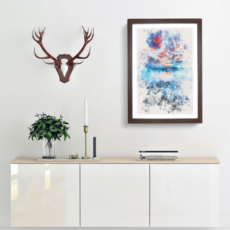 Iceland View Watercolour - Picture Frame Graphic Art, Walnut Framed, 63cm H x 45cm W x 2cm D