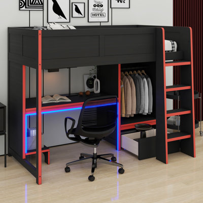 Wood Gaming Loft Bed With Built-In Desk, Wardrobe, LED And A Drawer