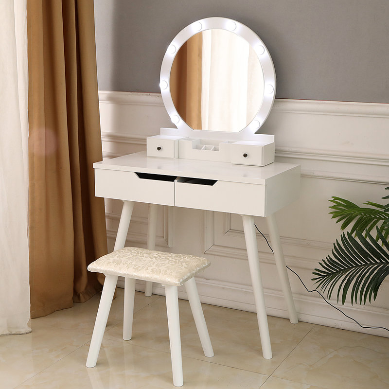 Ensemble coiffeuse avec tabouret et miroir Sikeston, Blanc