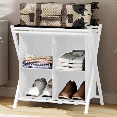 Luggage Rack For Guest Room, Folding Suitcase Stand With Fabric Storage Shelf, Luggage Holder, Steel Foldable Luggage Stand For Guest Room, Bedroom, Hotel, White