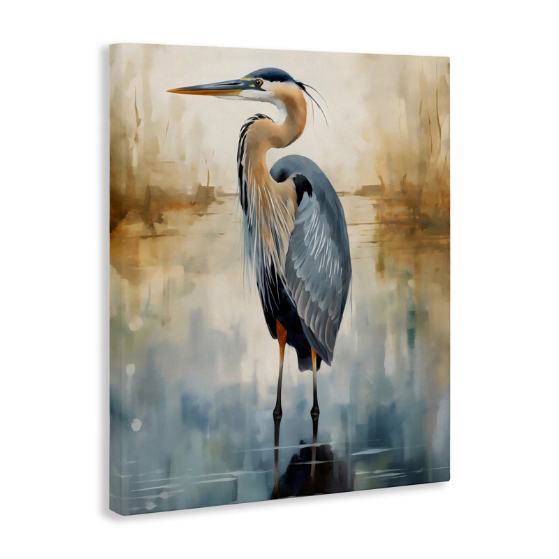 Héron paisible sur toile abstraite, design par LSR Design Studio, H 20 po x l 16 po