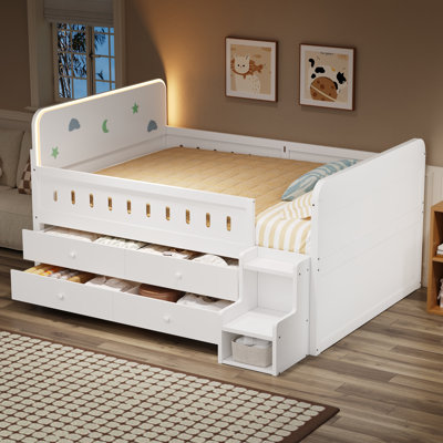 Lit plateforme double en bois avec tête de lit à DEL, 4 tiroirs de rangement et tablettes en échelle, conception peu encombrante, blanc