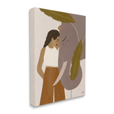 Portrait d'une femme debout avec un éléphant aux tons de terre par Birch & Ink - impression sur toile non encadrée