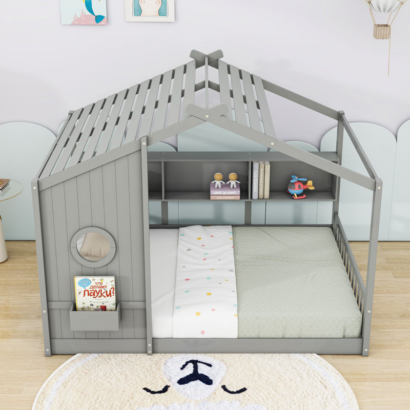 Lit sur pied avec toit et tablette de rangement intégrée, gris, Complète
