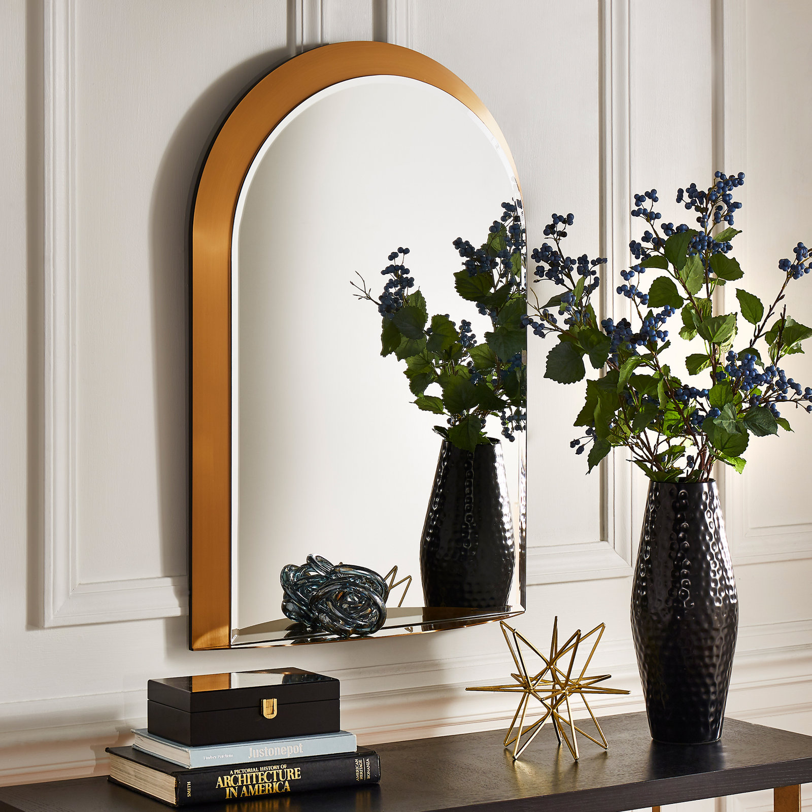 Wendolyn Metal Arch Mirror with Shelves, Gold