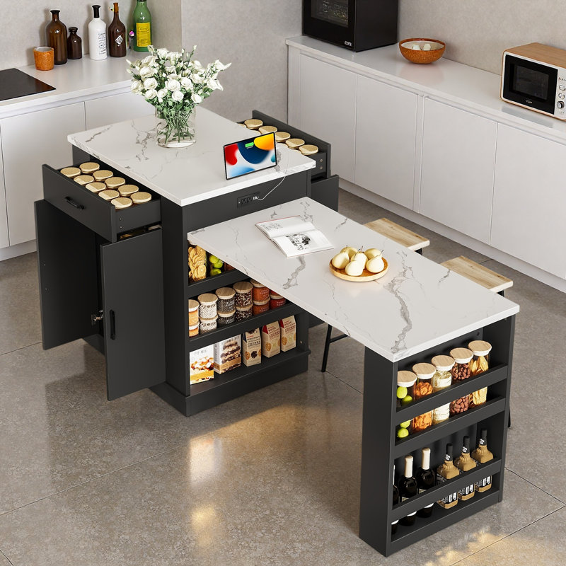 Îlot extensible avec prise de courant, tiroirs, rangement double et tablettes ouvertes