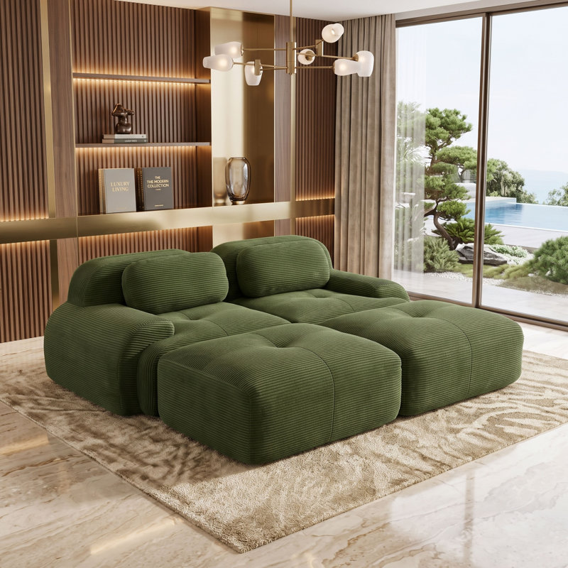 Canapé modulaire en velours côtelé avec accoudoirs incurvés et support ergonomique, Vert olive