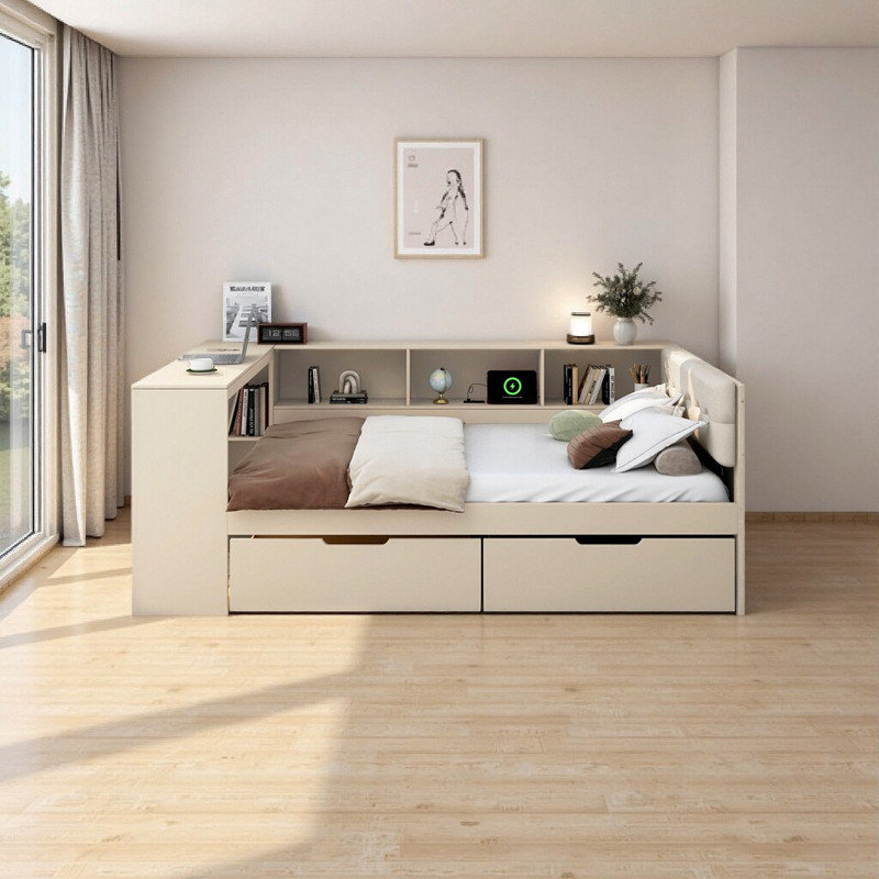 Lit plateforme simple avec rangement, station de charge et tête de lit tapissier, Gris