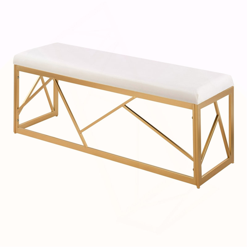 Banc en métal Folia Glam en acier doré et velours blanc, Blanc