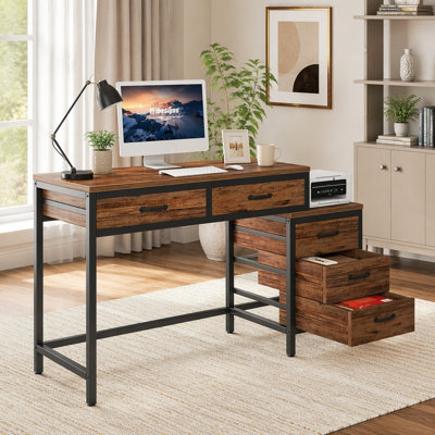 5-Drawer Computer Desk, Study Writing Table with Reversible Drawer Cabinet