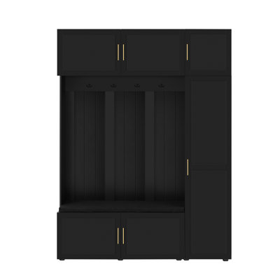 U-Can American Style 4-in-1 Hall Tree with Padded Bench, 4 Hooks, and Multi-Tier Storage Shelves