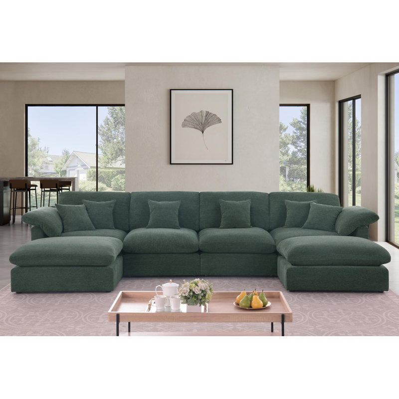 6 - Piece Chenille Sectional, Green Chenille