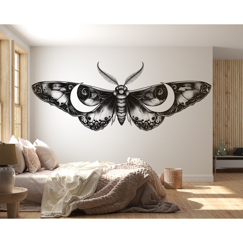 Art mural lunaire lunaire, décalque de papillon lune, décoration murale insecte gothique, art mural céleste sorcière, décor minimaliste foncé 239Mv