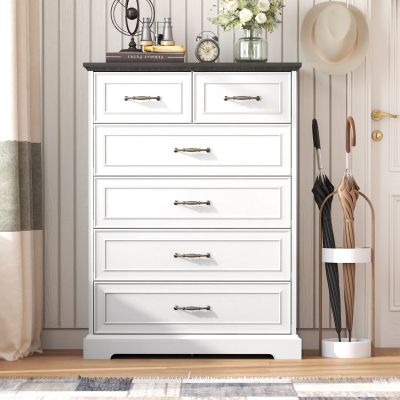 Vintage Tall Dresser With 6 Drawers, White/Dark Gray
