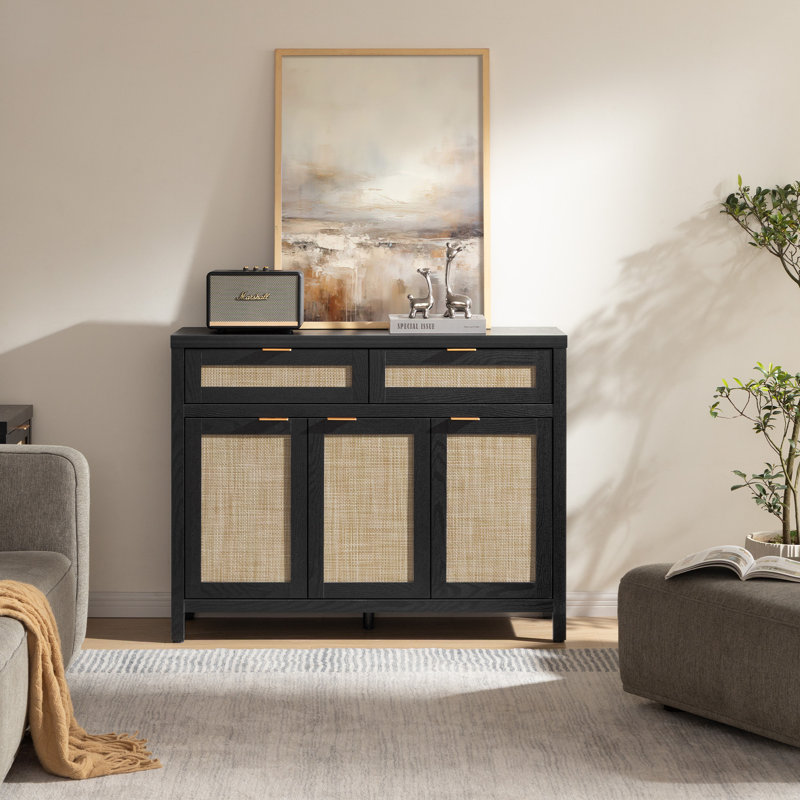 43.39'' W 2-Drawer And 3-Door Rattan Sideboard With Adjustable Shelves, Black Oak