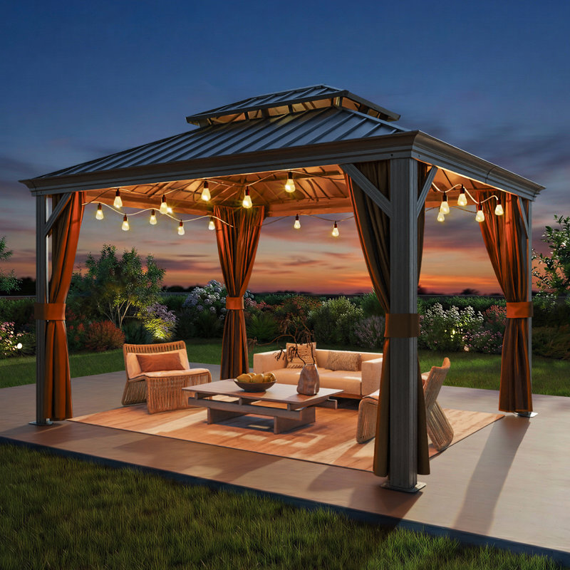 Outdoor Aluminum Hardtop Gazebo equipped with a double-layer roof, curtains, and mosquito net