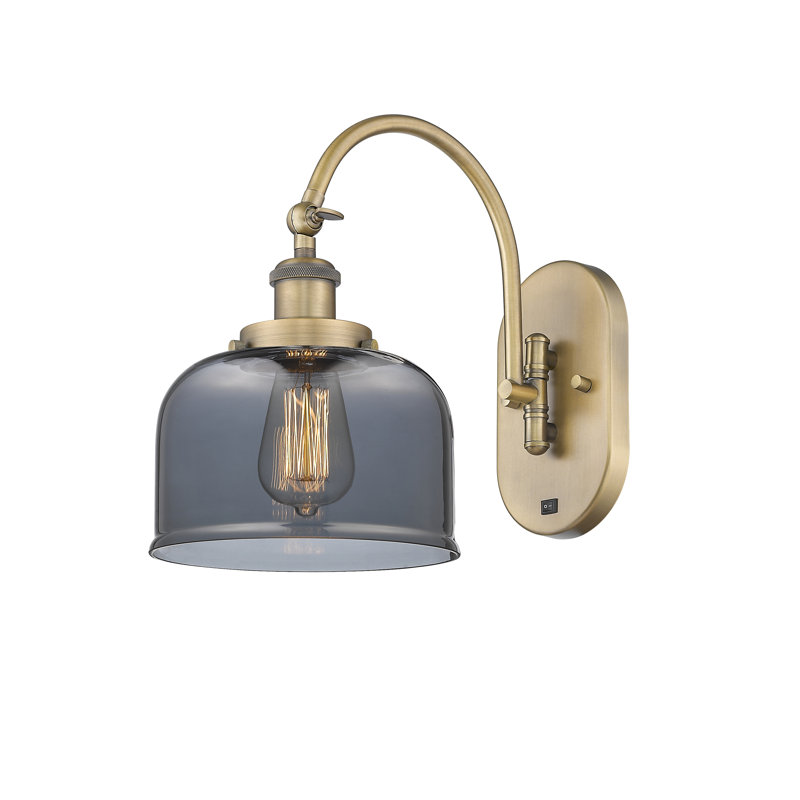 Shauna 8" W Metal 1-Light Swing Arm Sconce with Bell Glass Shade, Incandescent, Plated Smoke, Brushed Brass