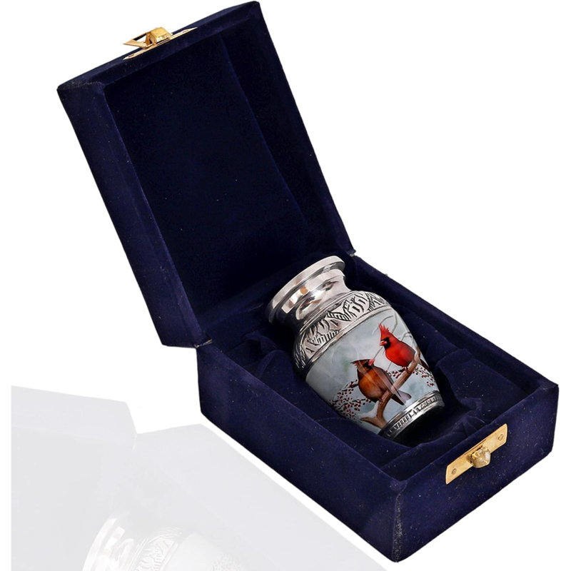 Beautiful  Cardinal Couple Bird Keepsake Urn - Memorial For Human Ashes With Velvet Box Bag - Peaceful Engraved Mini Affordable Urn