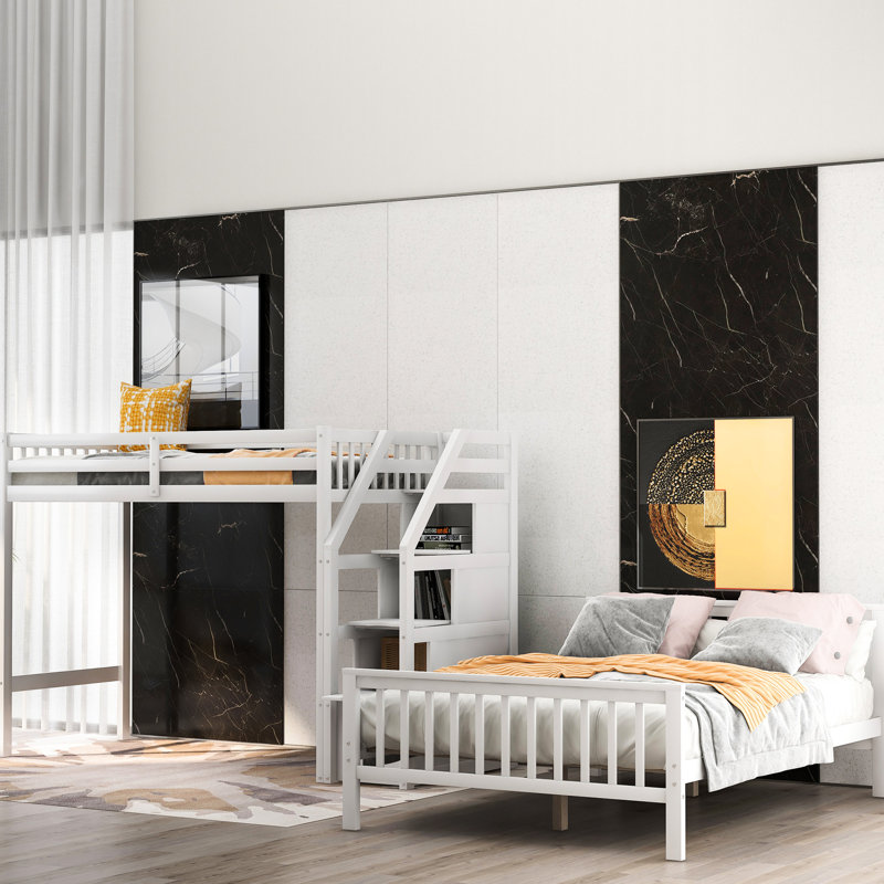 White Twin Over Full Loft Bed With Staircase And Fascinating Storage Organization Staircase, - Accommodate Multiple Sleepovers Ease