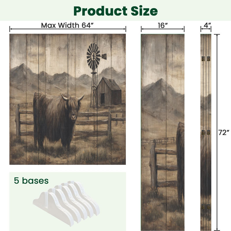 Paravent rustique à 4 panneaux pliables, motif vaches des Highlands royales paissant, en toile imitation bois vieilli, séparateur de pièce autoportant, cloison de protection pour plus d'intimité