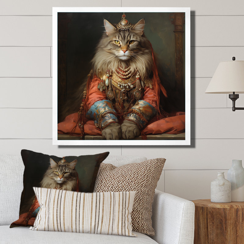 Chat majestueux dans une gracieuse tenue indienne - imprimé, H 30 po x l 30 po x P 1 po, Cadre simple blanc